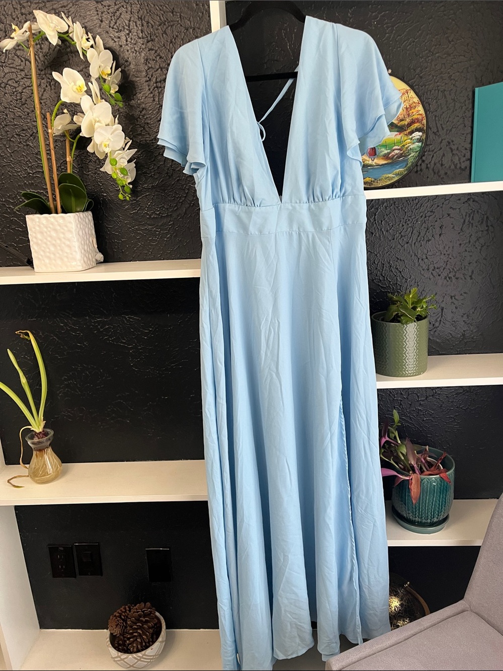 Light Blue Deep V-Neck Flutter Sleeve Maxi Dress